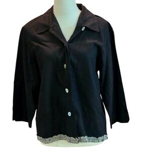 Vtg 80s Stonebridge Black ButtonUp Blouse Patterned Hem Pointed Collar Women's L